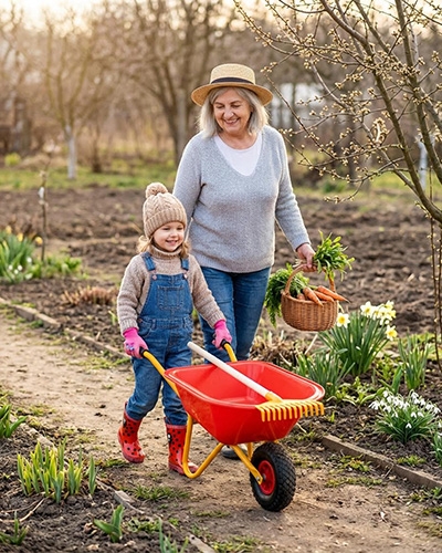 Grand-mère et enfant au jardin avec brouette rouge et légumes fraîchement récoltés